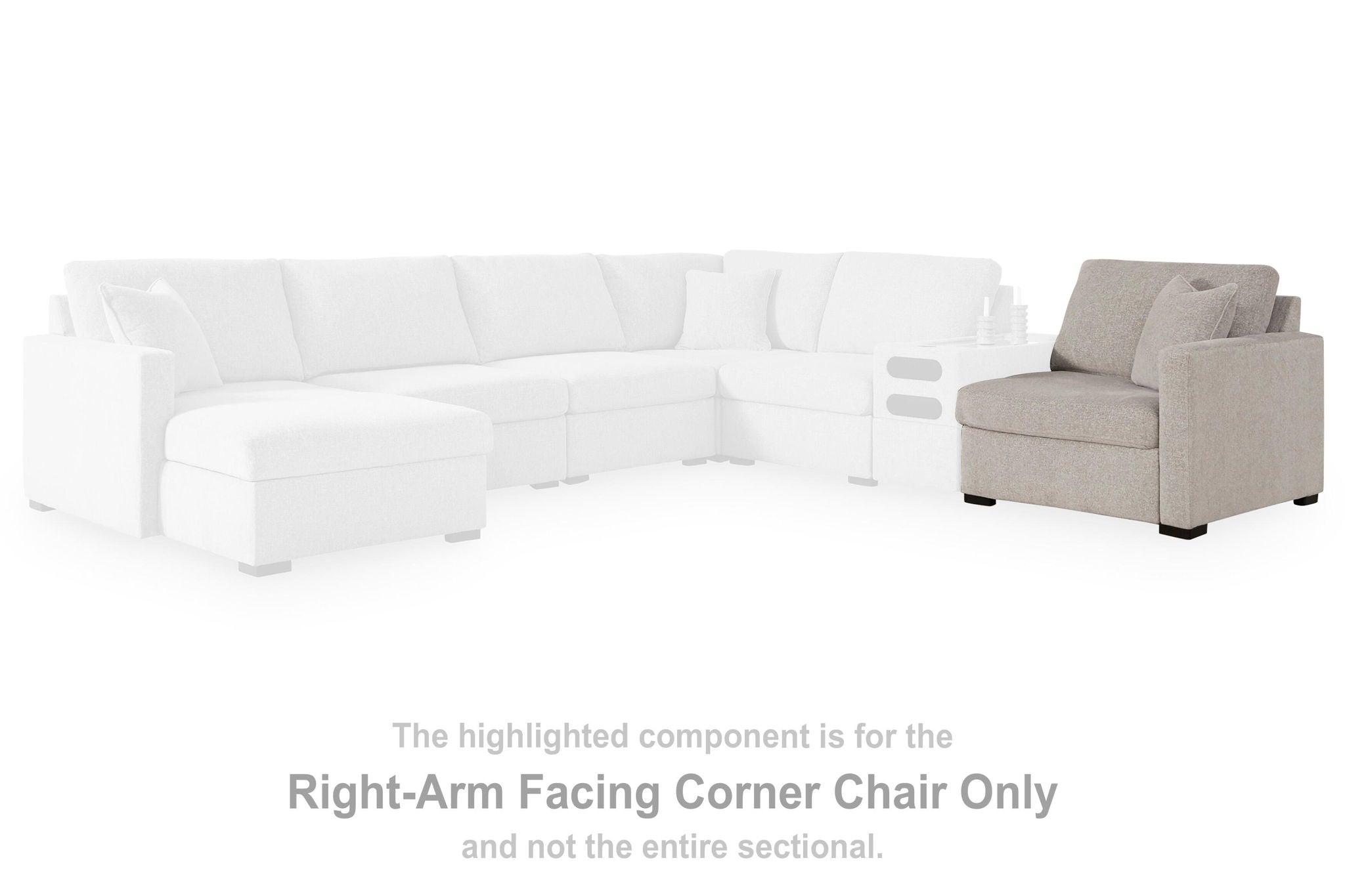 Right-arm facing corner chair section in flint gray fabric with black legs