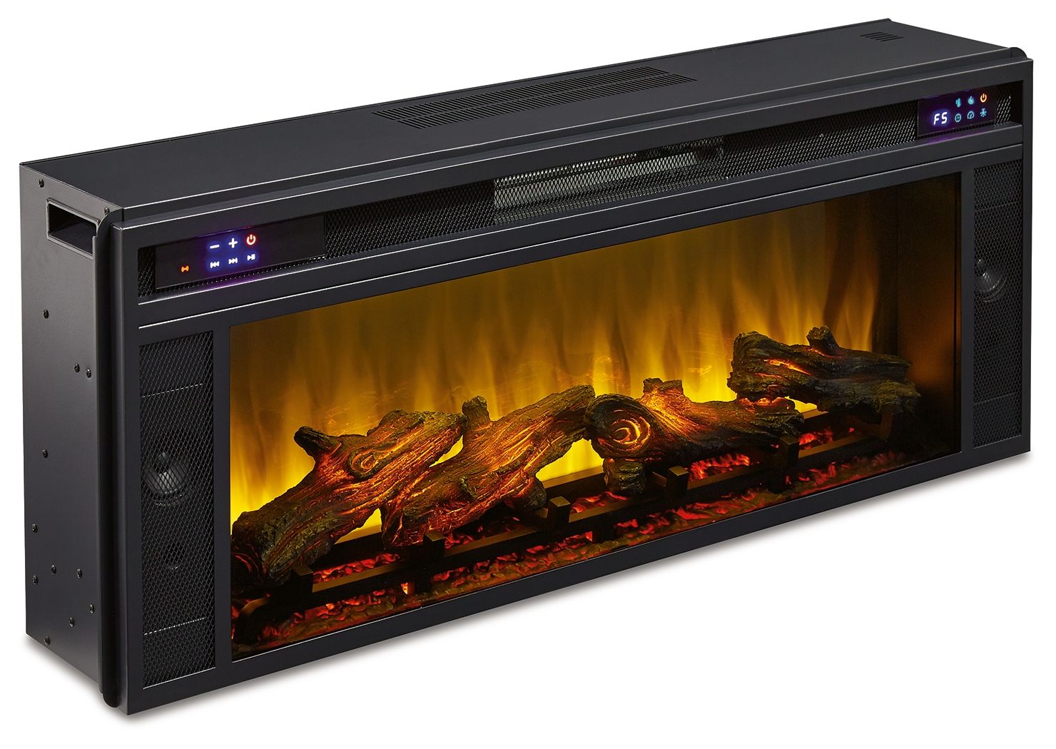 Rectangular black fireplace insert with mesh front, glowing electric logs and embers