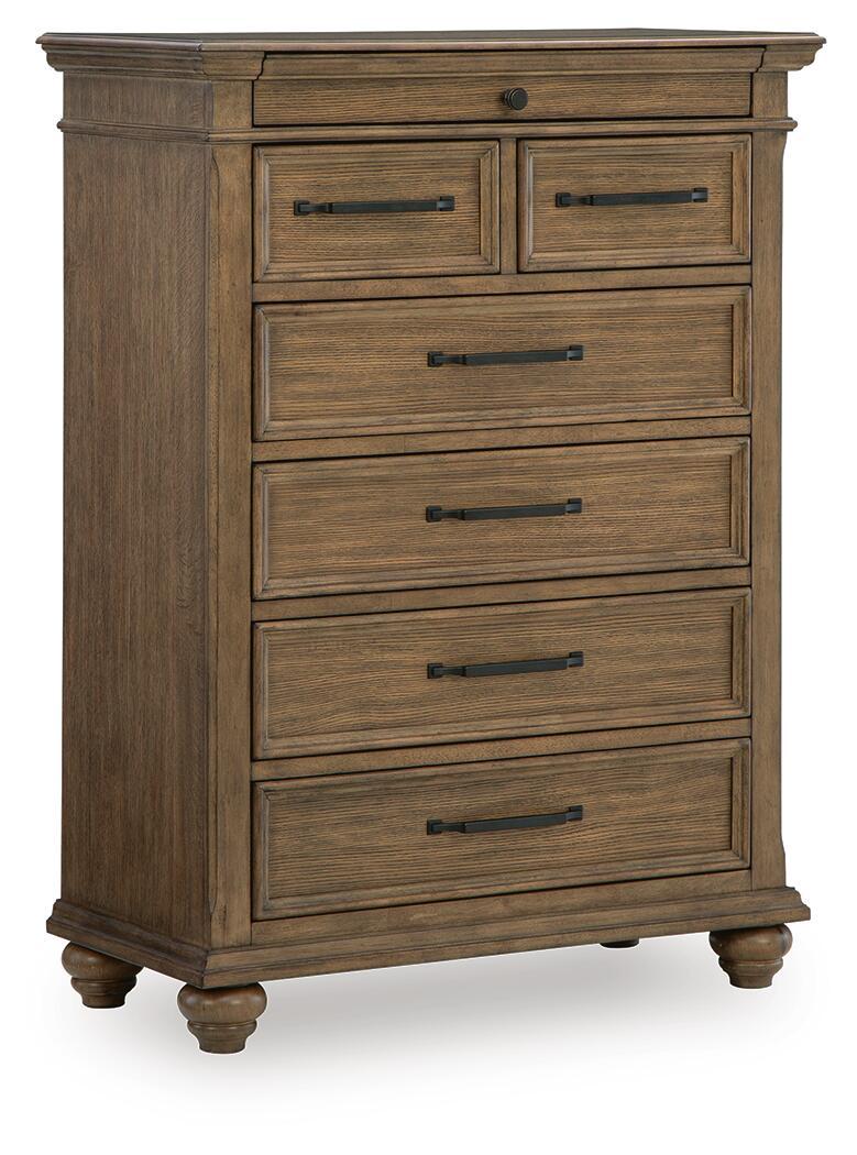 Medium brown wooden chest of drawers with seven drawers and metal bar handles