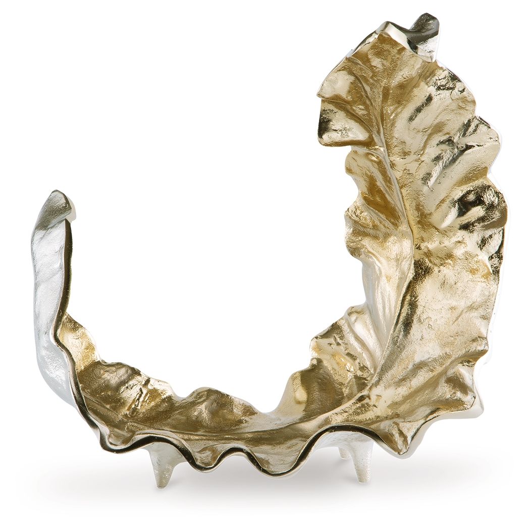 Circular gold and silver abstract metal sculpture with raised scalloped edges