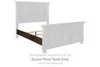 Wooden queen panel rail, rustic dark brown with turned posts and bracket ends