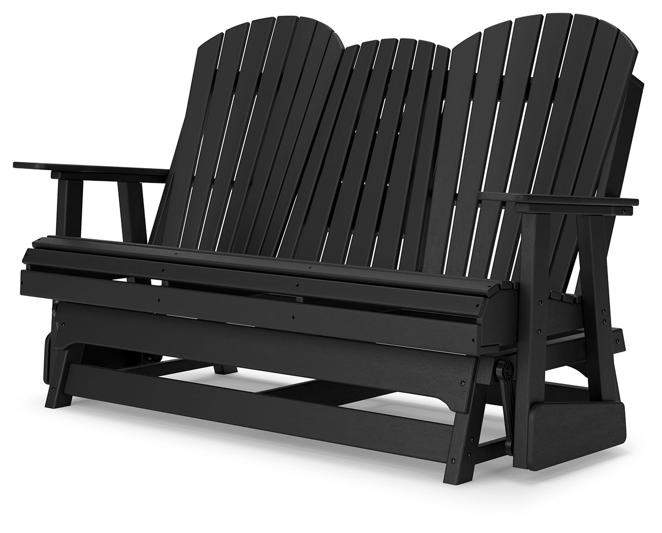 Black outdoor loveseat with slatted back and armrests, bench seat