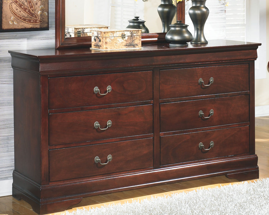 Reddish-brown dresser front with six drawers and curved metal cup pulls