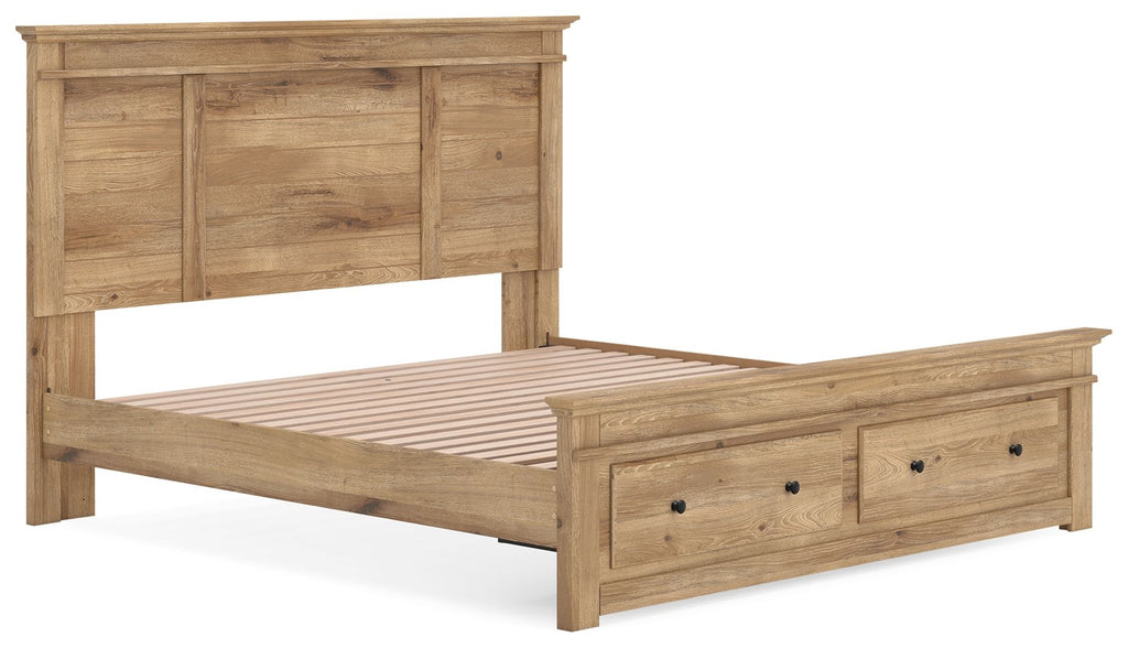 Light brown wood panel storage bed with slatted base and drawer footboard