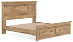Light brown wood panel storage bed with slatted base and drawer footboard