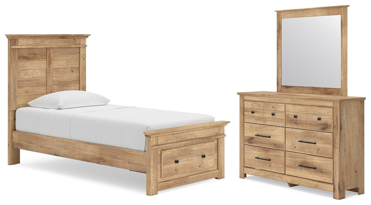Light brown wood storage bed with drawer front and matching dresser with mirror