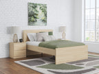 Light brown panel platform bed with slatted base and one side storage drawer