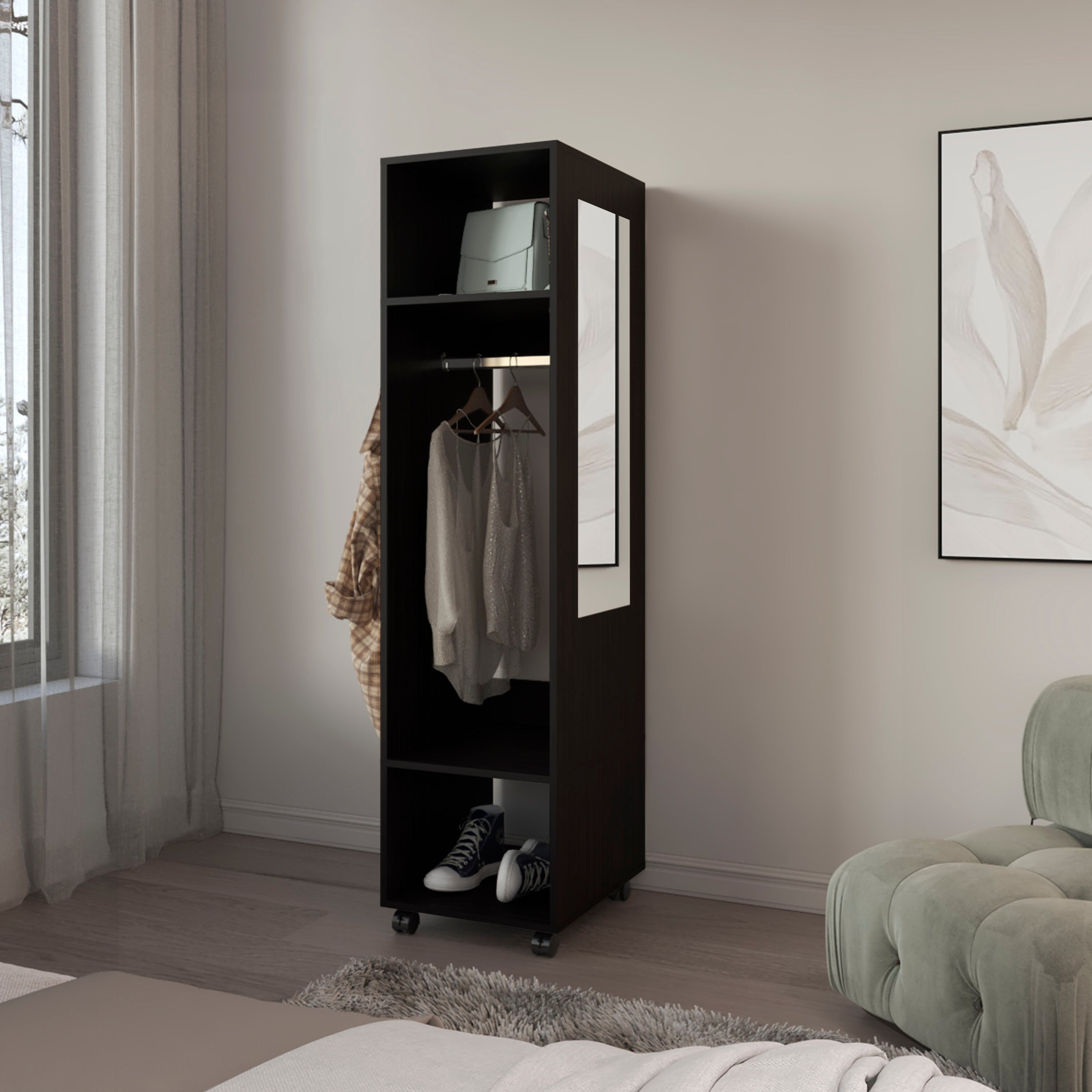 Black Armoire 63"H: 3 Shelves, Mirror, Wheels | Storage Cabinet