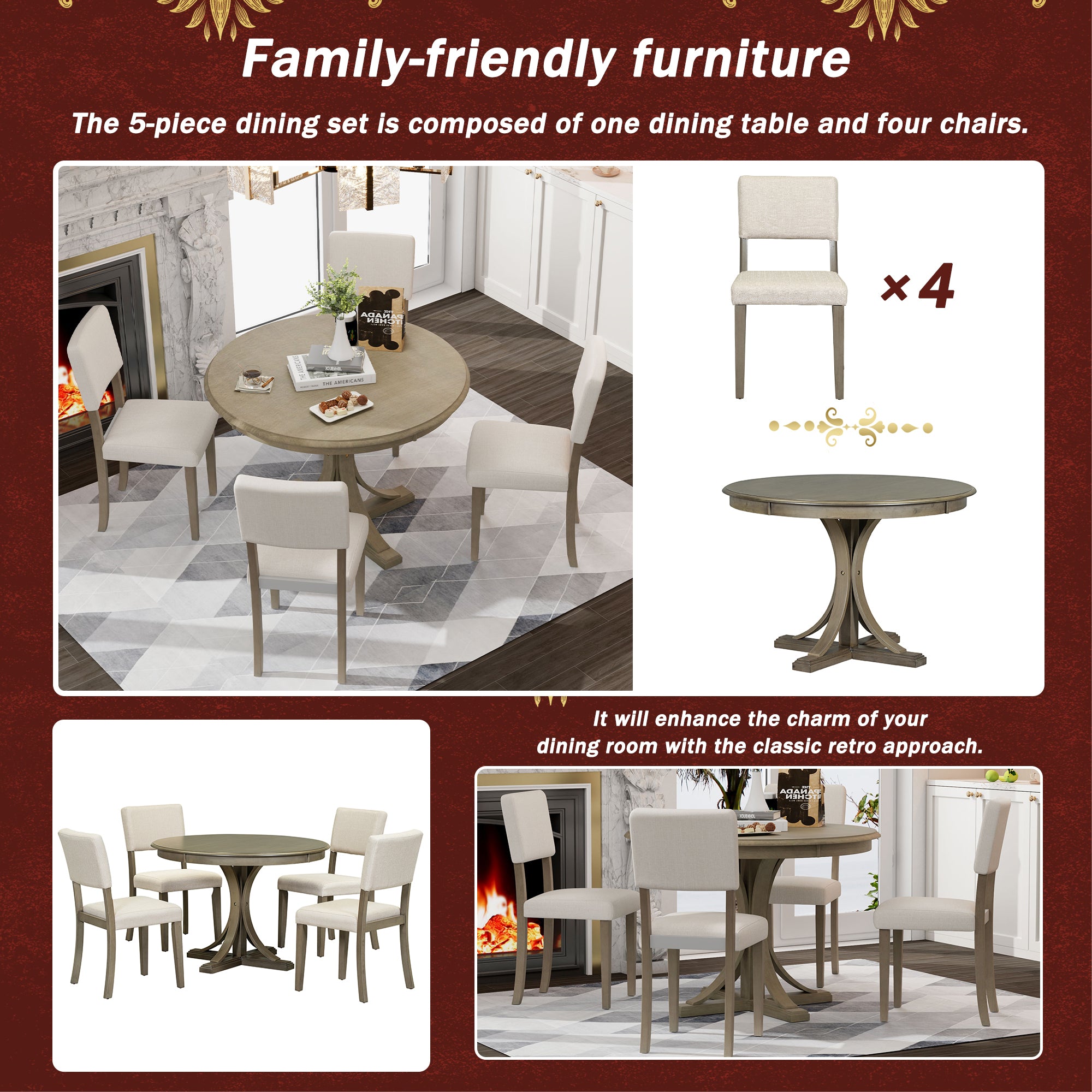 5-Pc Retro Round Dining Table Set (Taupe)