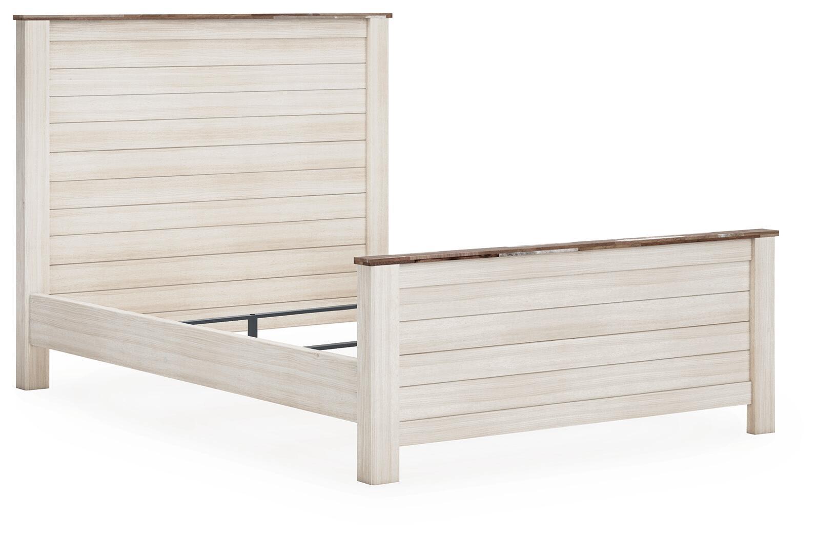 Beige panel bed with slatted headboard, low footboard, black support rails