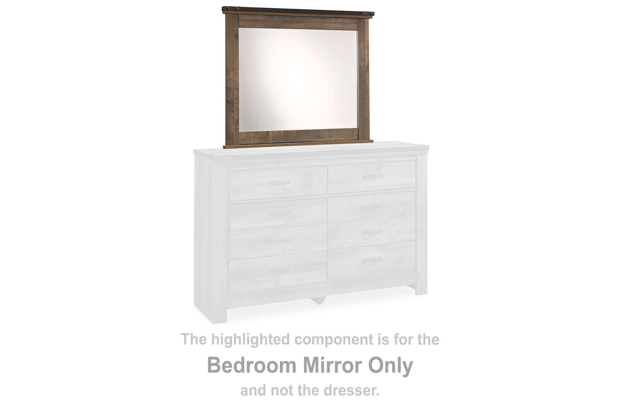Trinell bedroom mirror with brown frame mounted on a white dresser