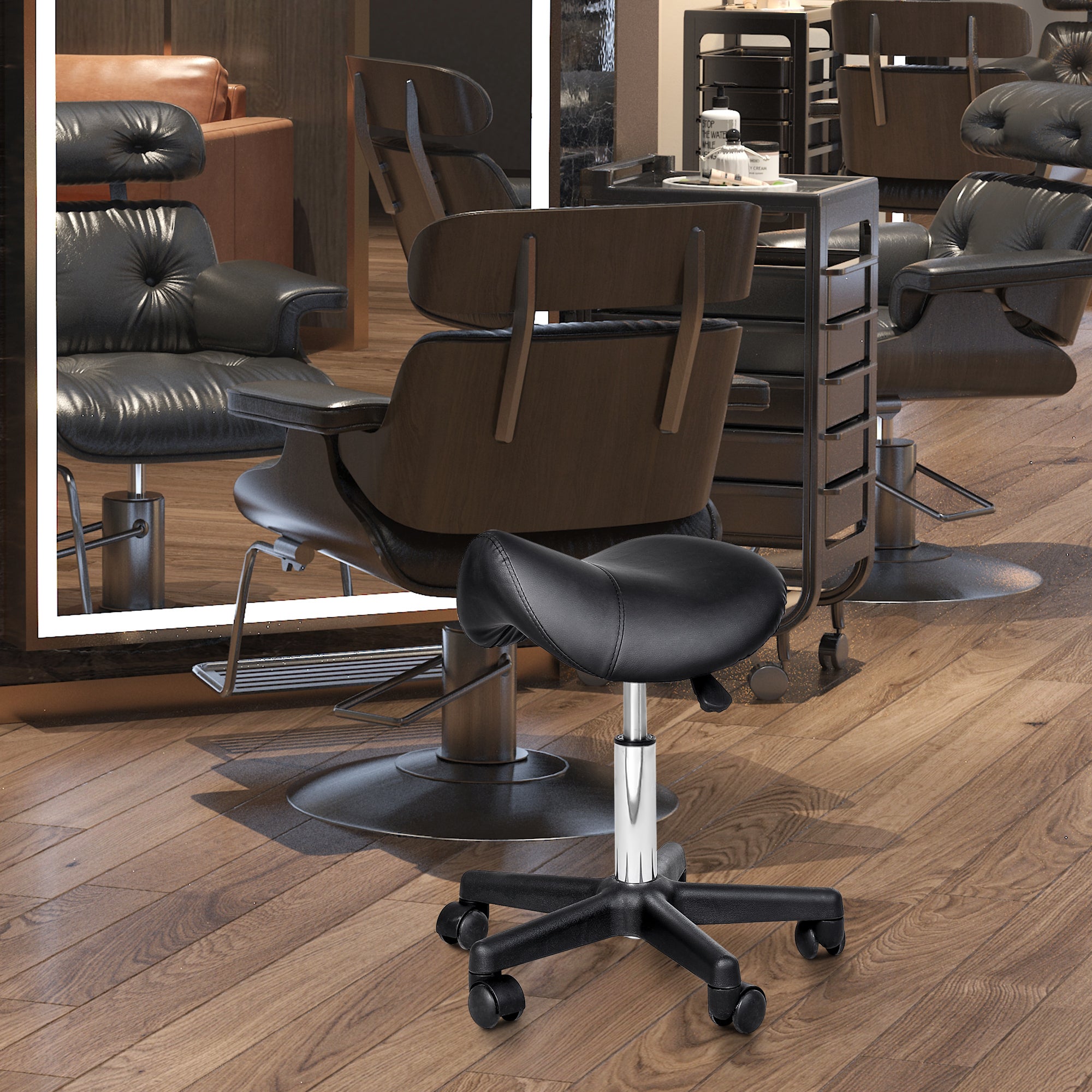 Rolling Saddle Stool, Salon Chair, Ergonomic Faux Leather