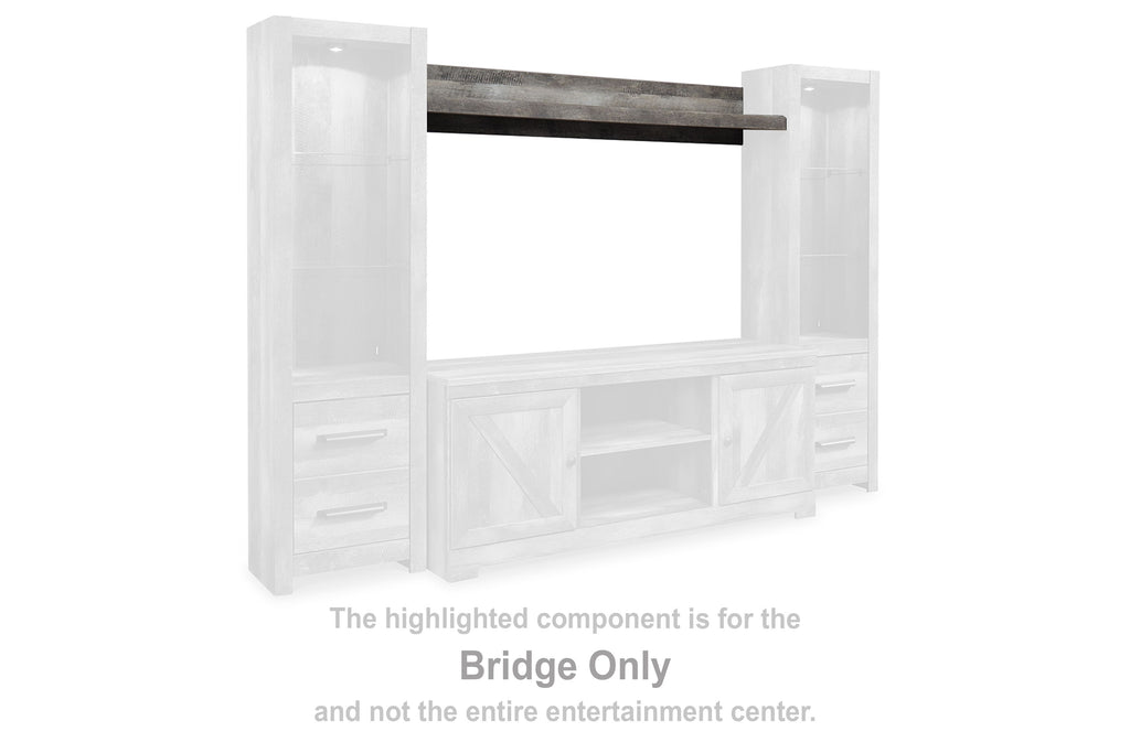 Gray wood bridge shelf section with side panels and centered support braces