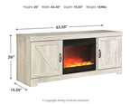 Beige low TV stand with two doors and built-in electric fireplace insert