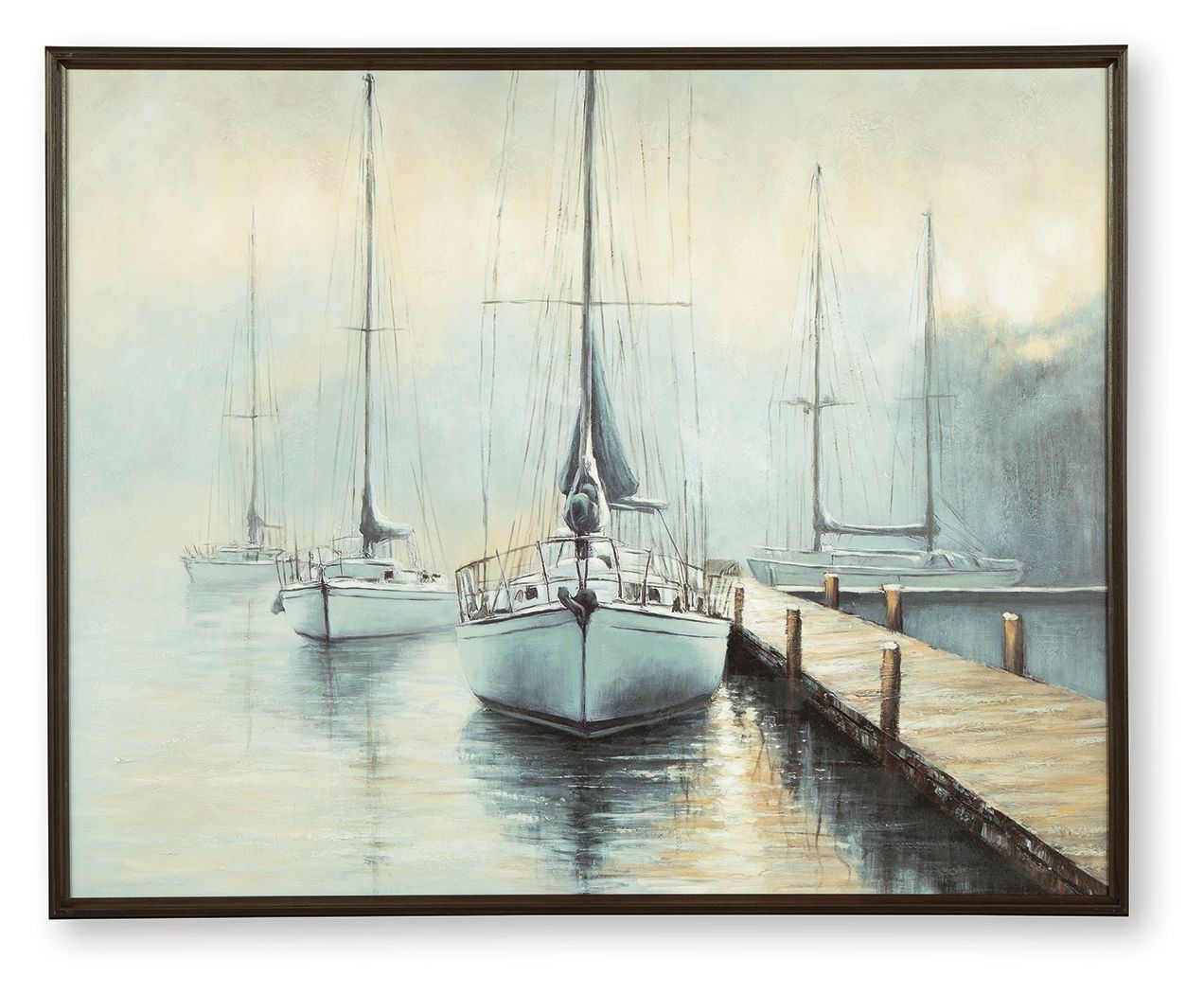 Framed sailboat wall art with blue-and-white dock scene
