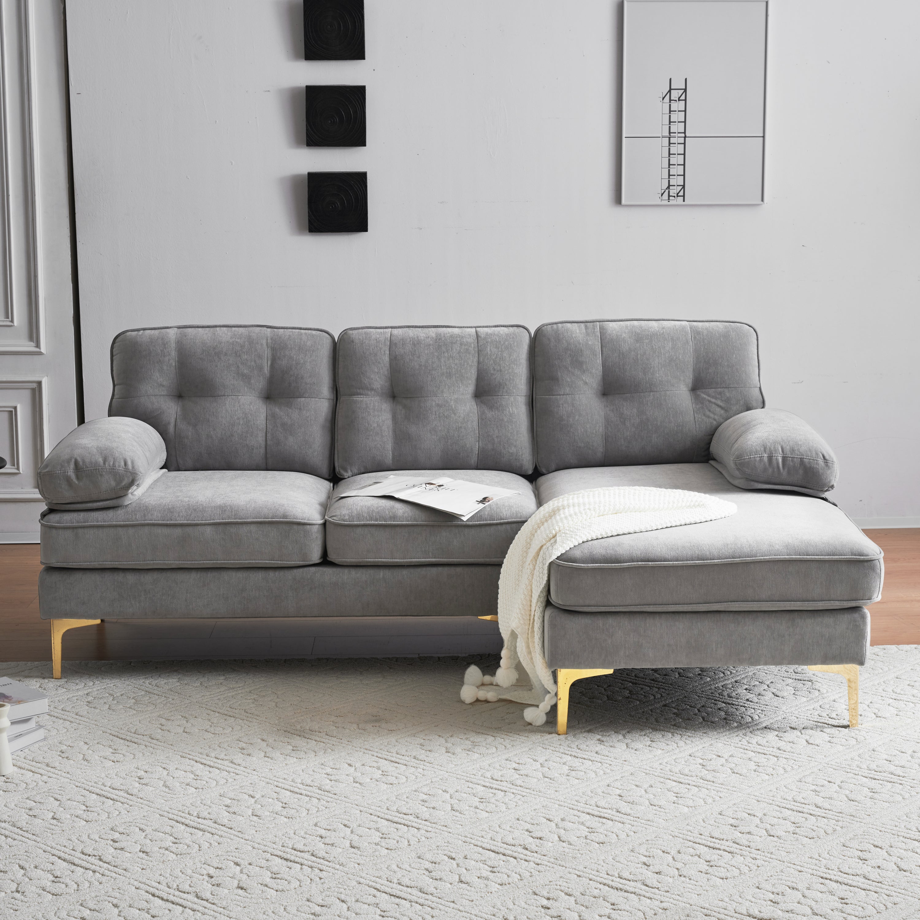 Modern Velvet L-Shape Sectional Sofa - Light Grey
