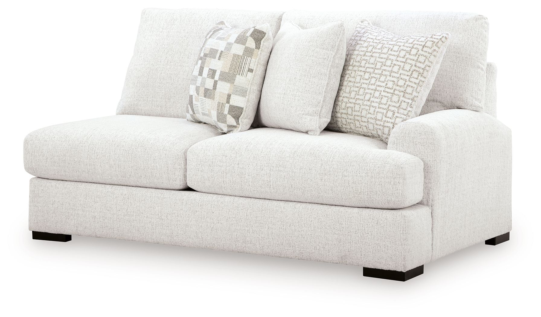 Chalk loveseat with three pillows and dark square feet
