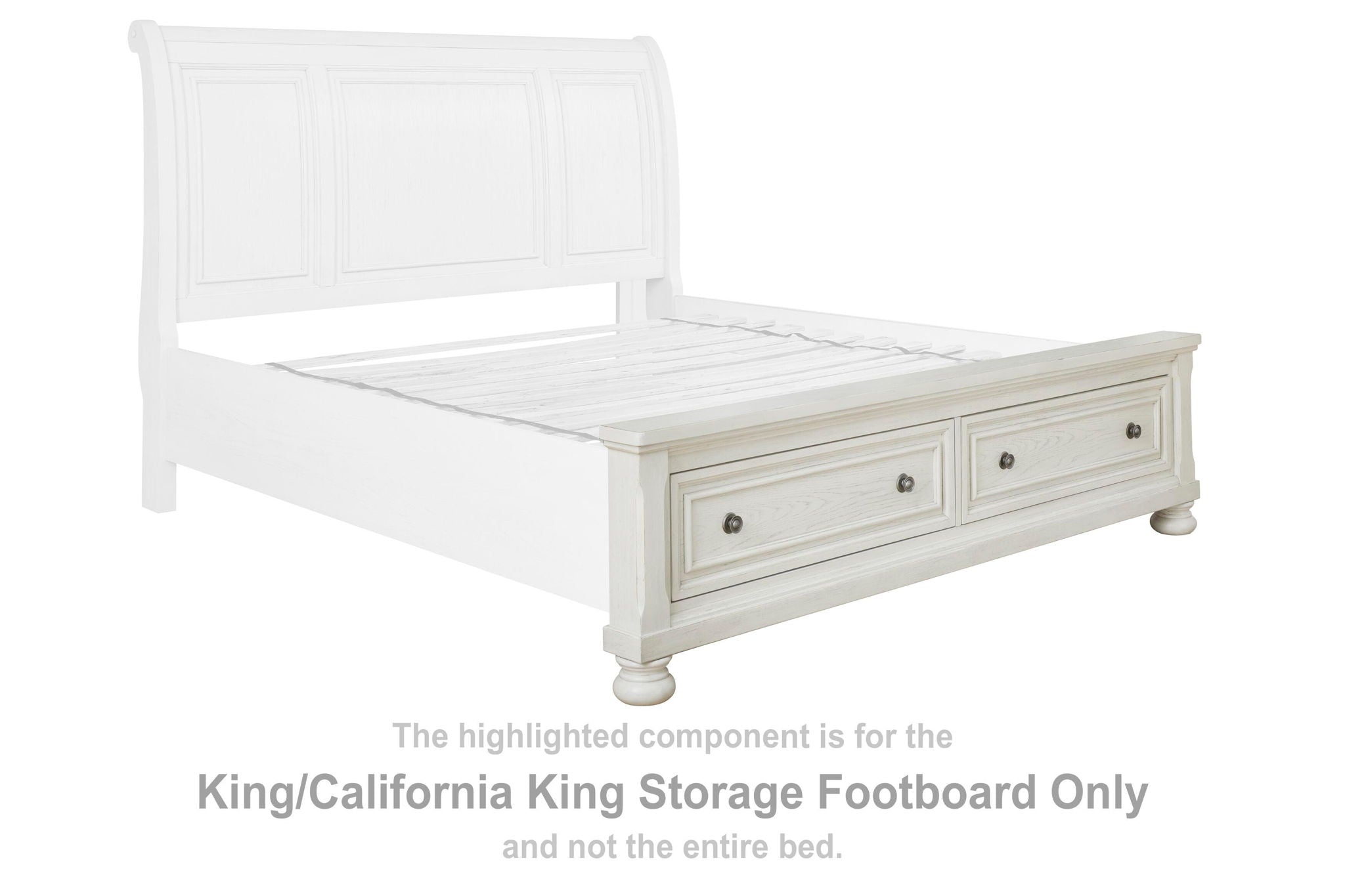 Antique white storage footboard with two drawers and recessed panel headboard section