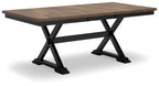 Dark brown dining table with black trestle-style legs
