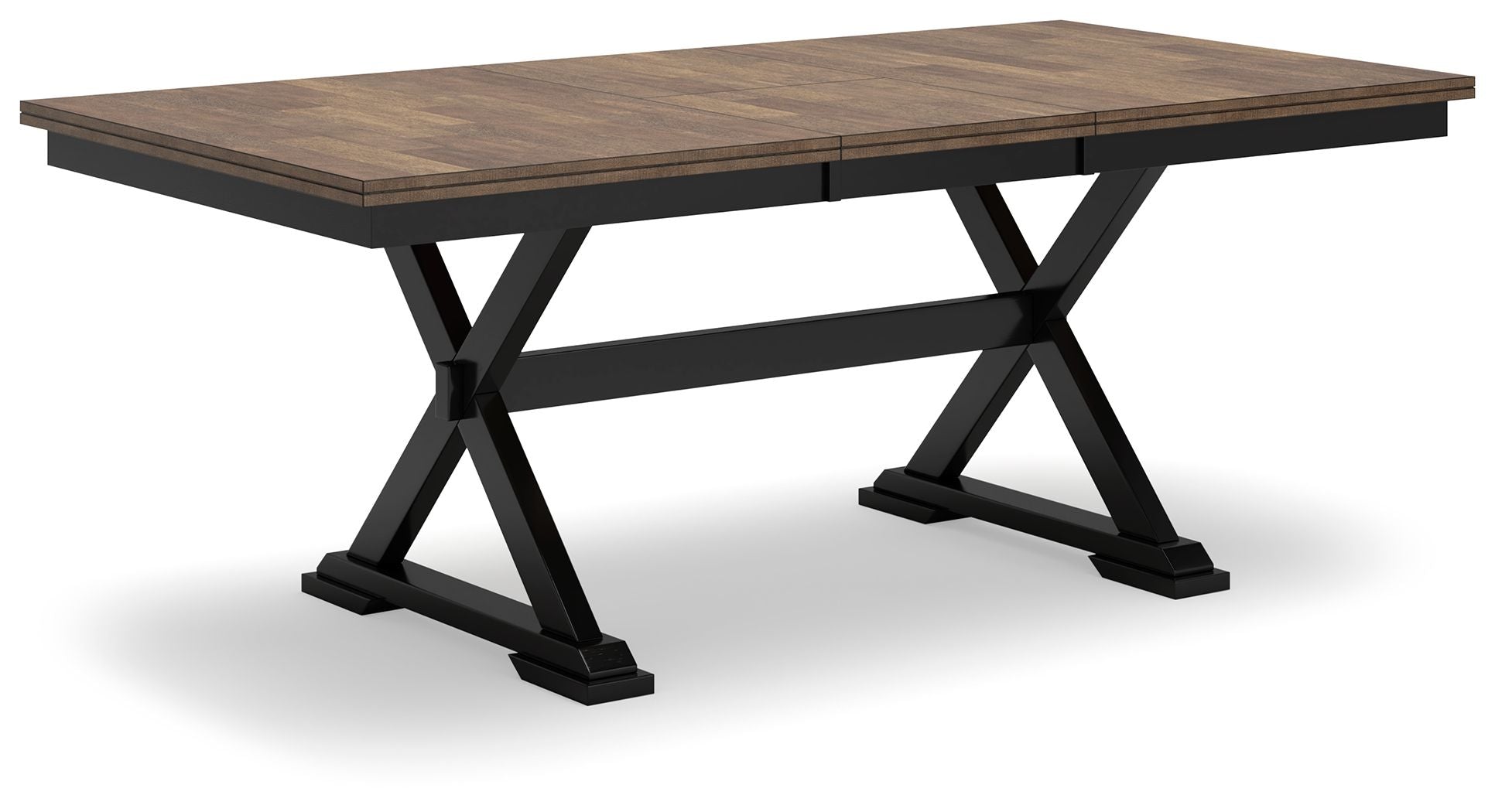 Dark brown dining table with black trestle-style legs