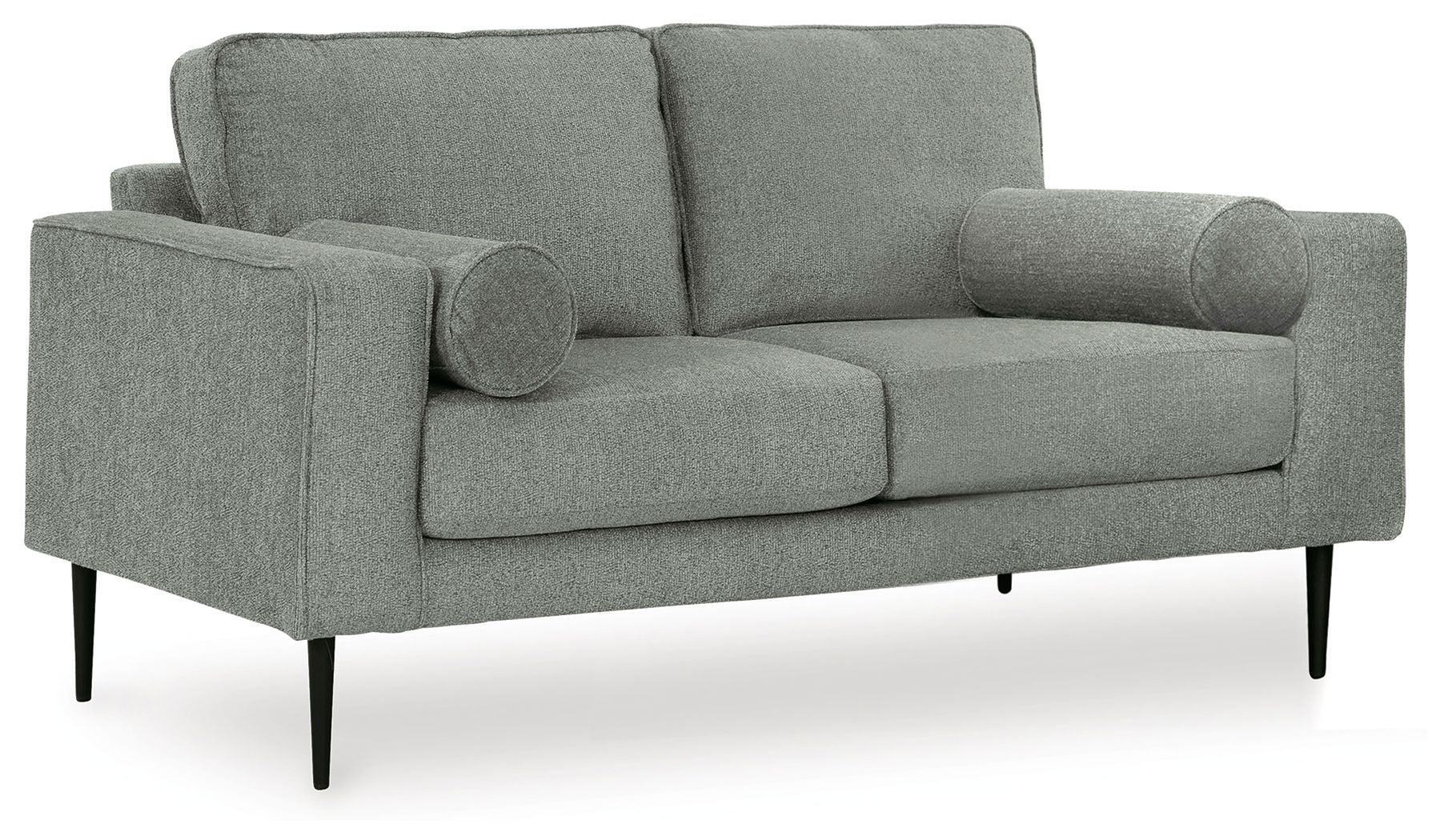 Charcoal loveseat with rolled arms, deep seat, and two round accent pillows