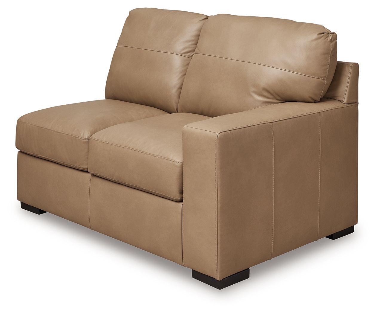 Toffee-brown leather loveseat with track arms, box cushions, and tapered feet
