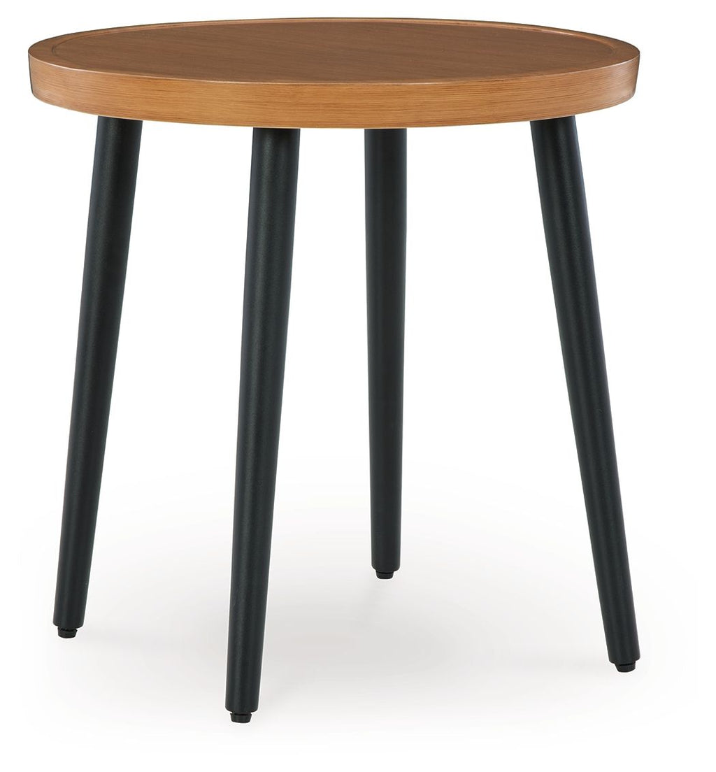 Horizon Hall two-tone round end table with round wood top and black legs