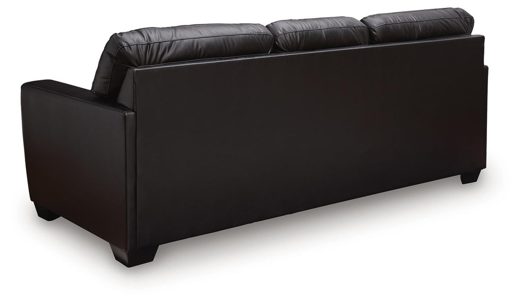Glennbre queen sofa sleeper, dark midnight, side view with padded arm and back.