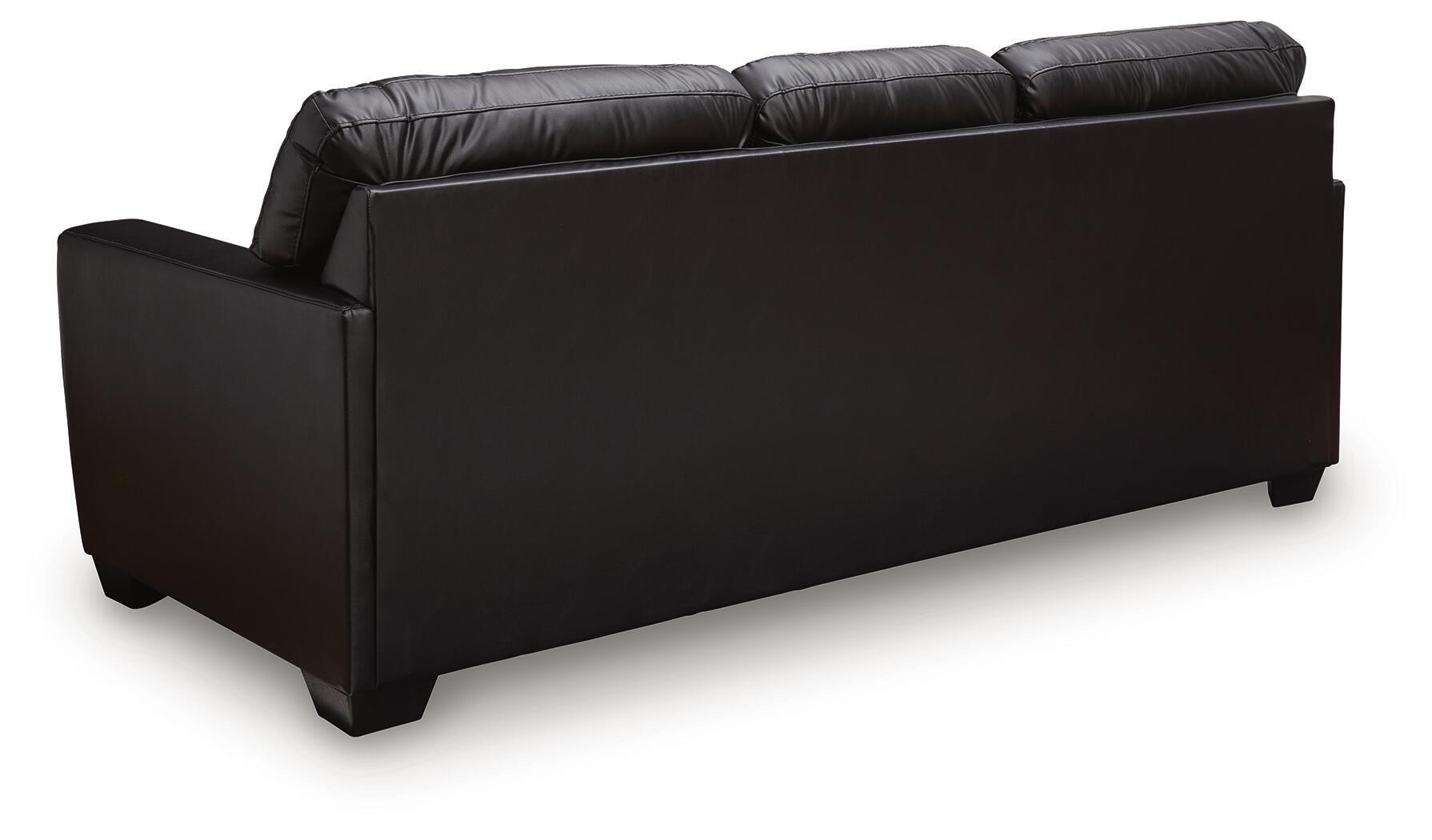 Glennbre queen sofa sleeper, dark midnight, side view with padded arm and back.