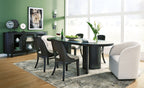 Black dining table with black chairs and side server cabinet
