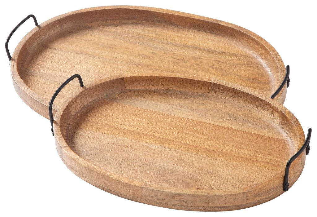 Wooden serving tray set of 2 with black metal handles, nested side view.