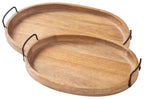 Wooden serving tray set of 2 with black metal handles, nested side view.
