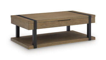 Light brown rectangular living room table with lower shelf and dark corner legs