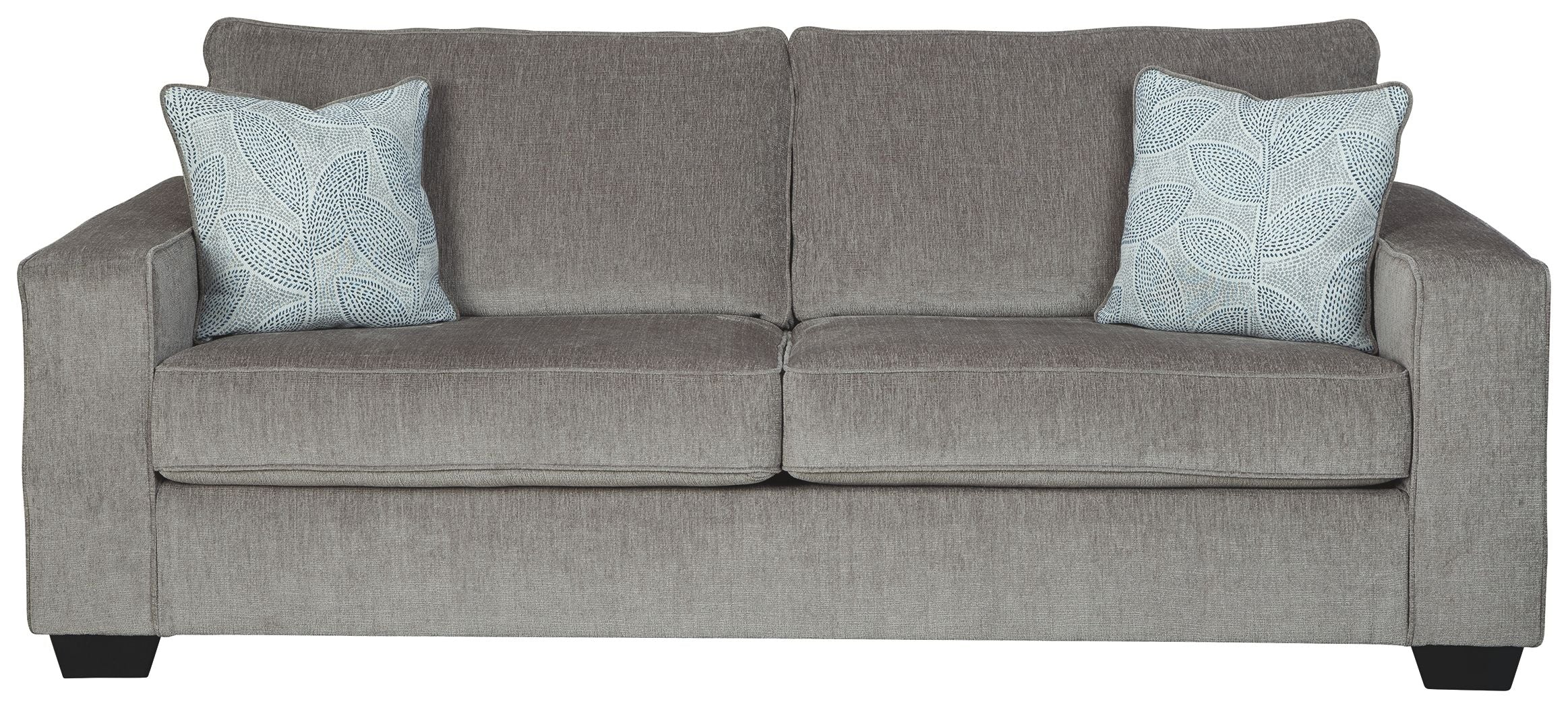 Alloy stationary sofa with square arms, tufted back, and two light patterned throw pillows