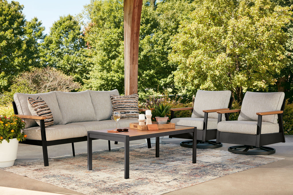 Outdoor sectional sofa, two swivel chairs, and coffee table set with light gray cushions