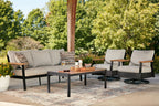 Outdoor sectional sofa, two swivel chairs, and coffee table set with light gray cushions