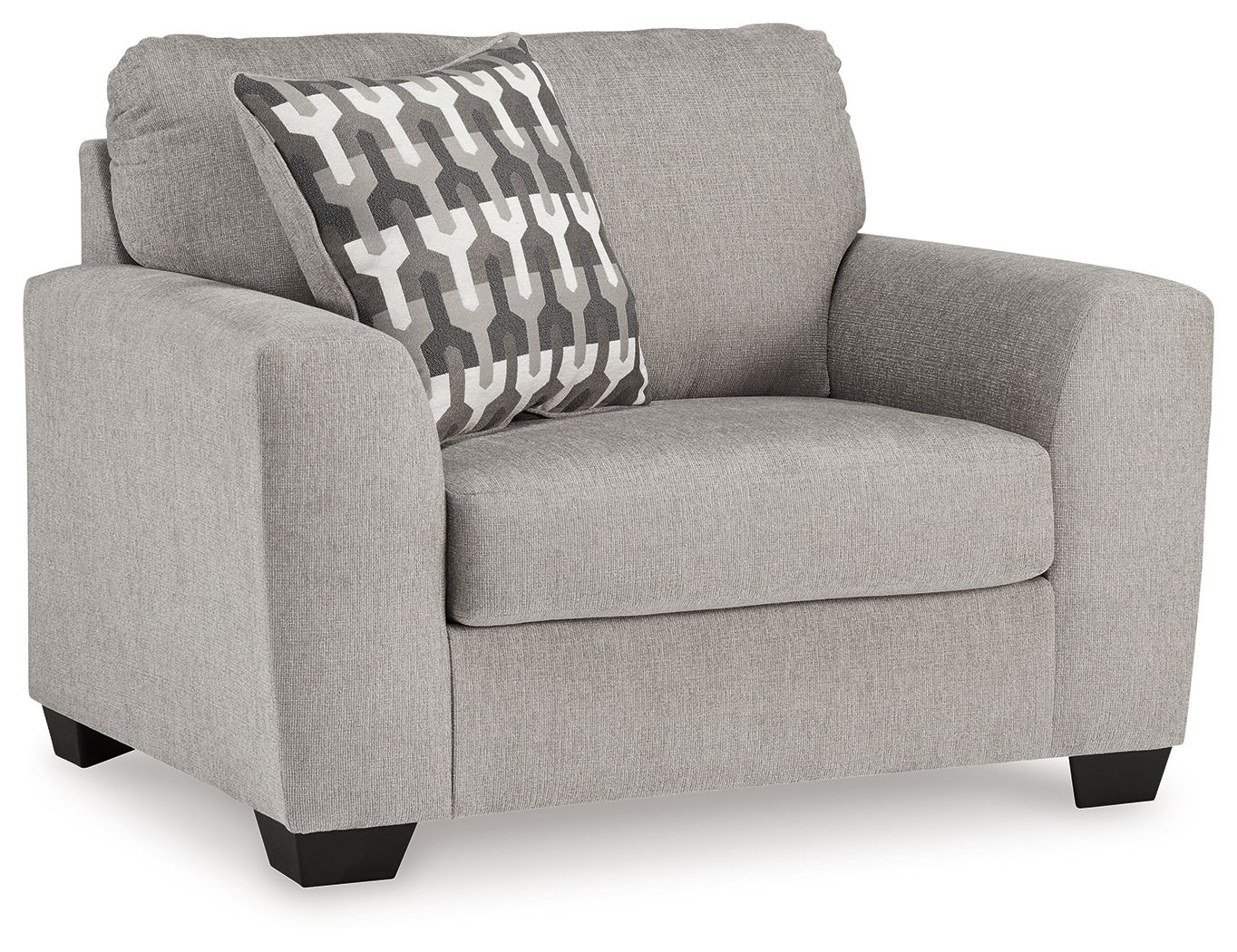 Gray flannel chair and a half with square armrests and patterned accent pillow