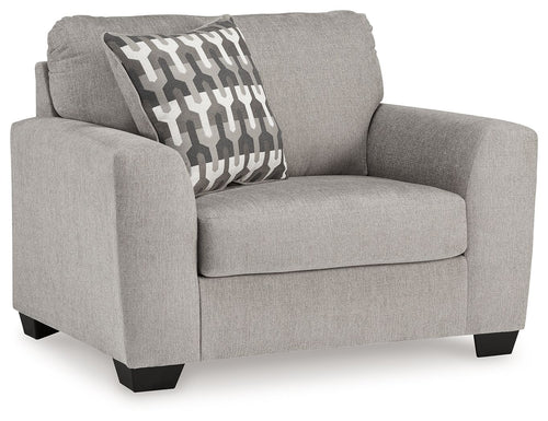 Gray flannel chair and a half with square armrests and patterned accent pillow