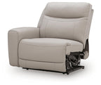Gray power recliner chair shown in reclined position with exposed mechanism
