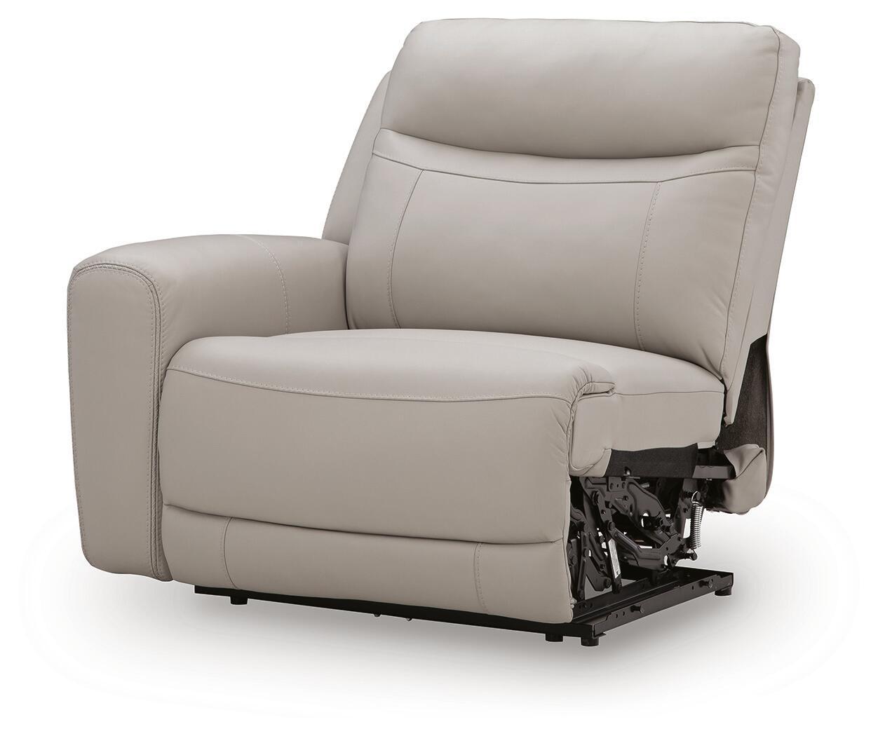 Gray power recliner chair shown in reclined position with exposed mechanism