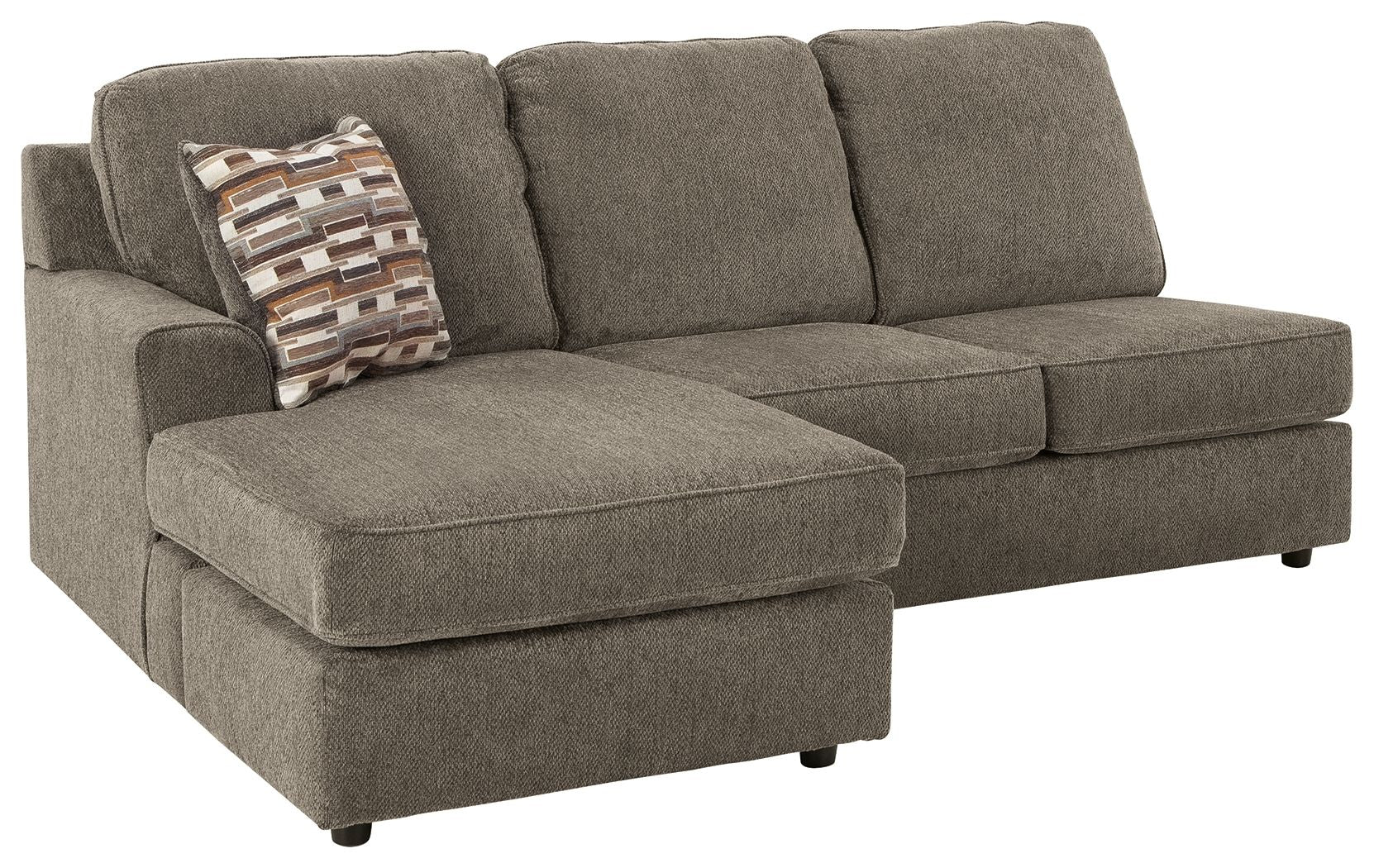 Gray sofa chaise with square armrests, tufted cushions, and patterned throw pillow