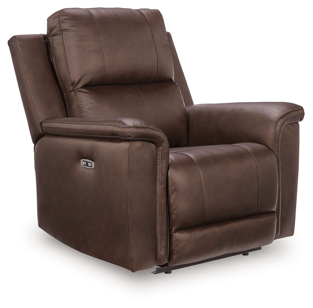 Power recliner with adjustable headrest in espresso brown, padded armrests, side view