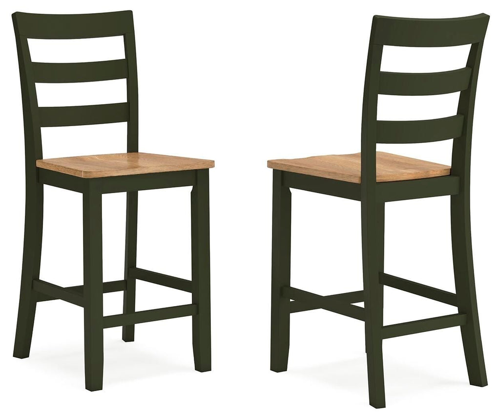 Green barstools set of 2 with horizontal slat backrests and light wood square seats