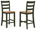 Green barstools set of 2 with horizontal slat backrests and light wood square seats
