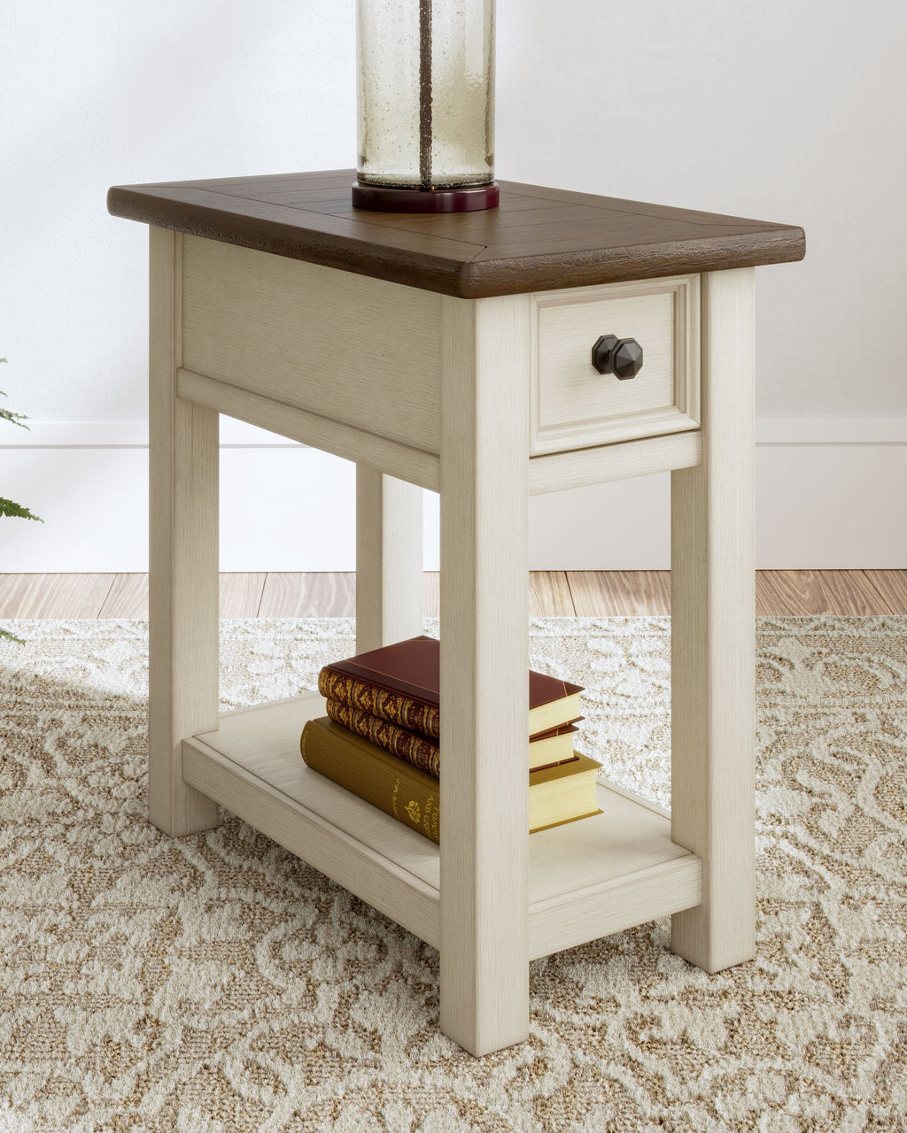 Chair side end table in light white finish with drawer and open lower shelf