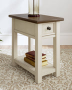 Chair side end table in light white finish with drawer and open lower shelf