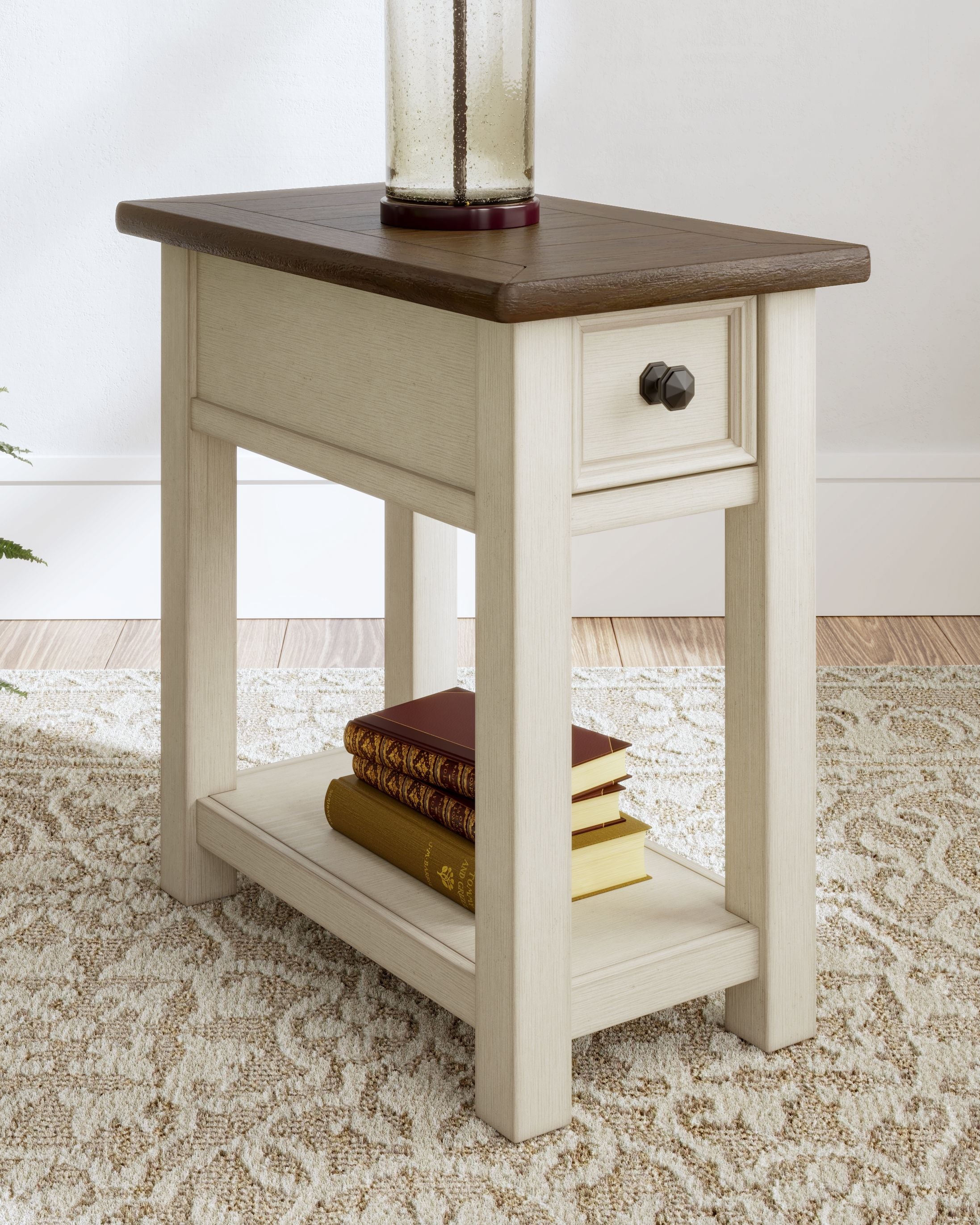 Chair side end table in light white finish with drawer and open lower shelf