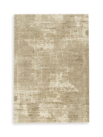 Beige abstract area rug with layered distressed sections and mottled grid-like pattern