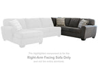 Right-arm facing dark gray sectional sofa with chaise and patterned pillows