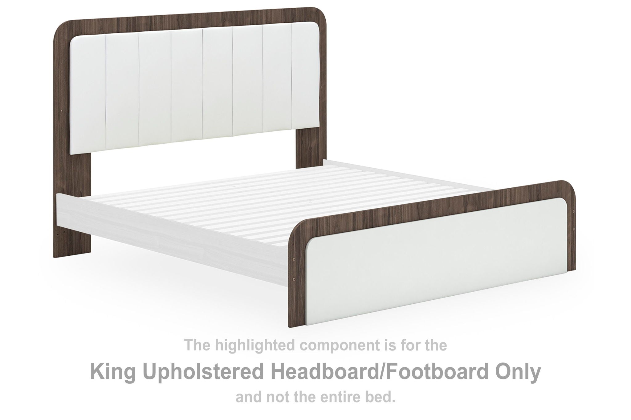 King upholstered headboard and footboard with white paneling and brown frame